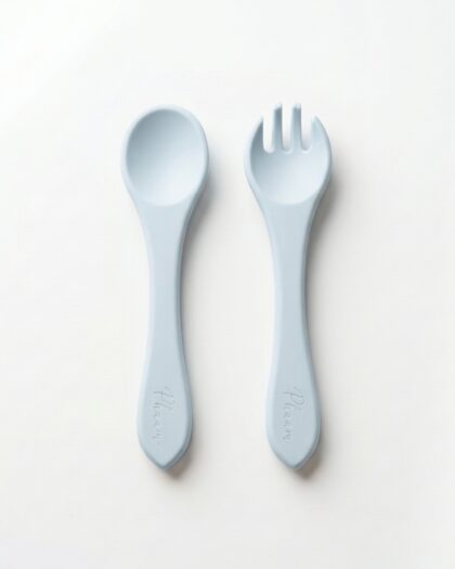 Set de couvert, cuillère et fourchette (bleu) - vaisselle bebe en silicone Phaam