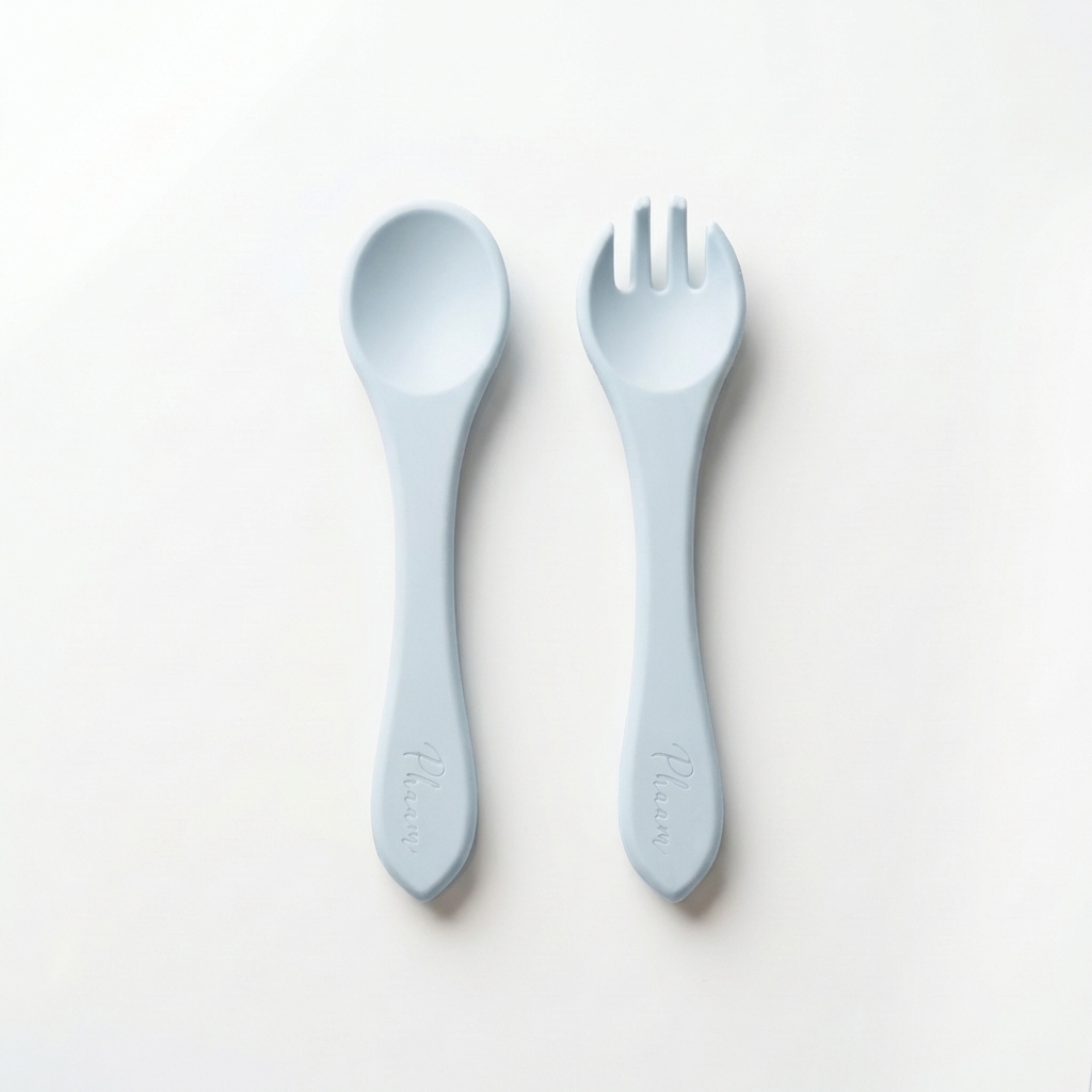 Set de couvert, cuillère et fourchette (bleu) - vaisselle bebe en silicone Phaam