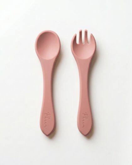 Set de couvert, cuillère et fourchette (rose) - vaisselle bebe en silicone Phaam