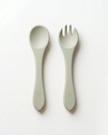 Set de couvert, cuillère et fourchette (vert) - vaisselle bebe en silicone Phaam